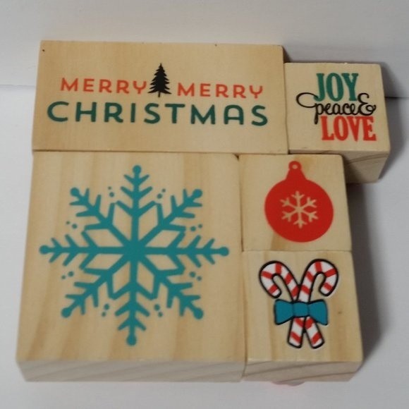 Wood Block Stamp Set 5 Piece Christmas Scrapbook Paper Crafts Card Making - Picture 1 of 6